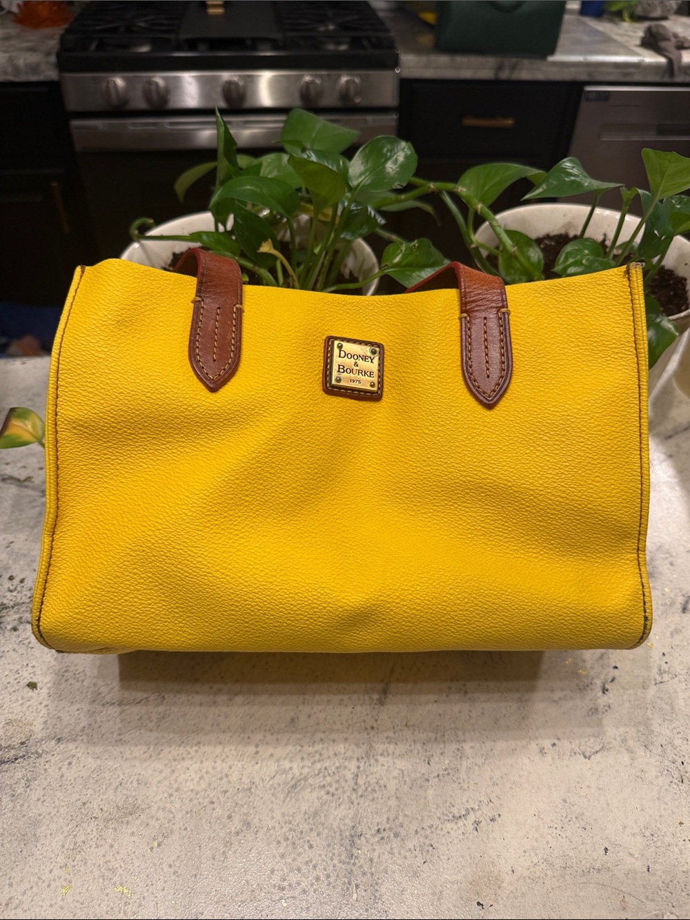 Dooney & Bourke Bright Yellow Leather Tote with Brown Trim